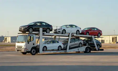 Car transporter loaded with vehicles in Minot AFB, North Dakota, United States