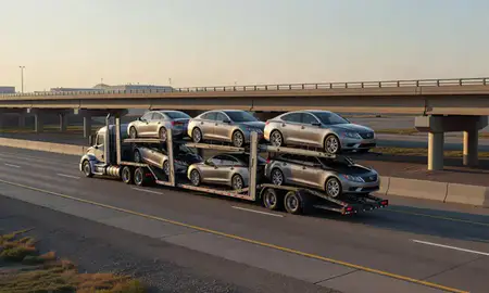 Car transporter with the Minot AFB, North Dakota, United States skyline behind it