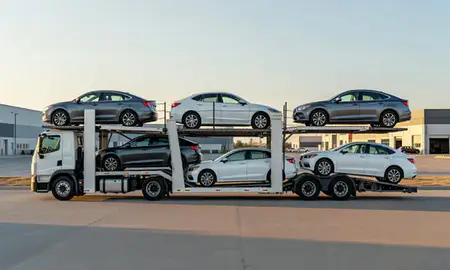 Car transporter parked in an industrial area of Minot, North Dakota, United States