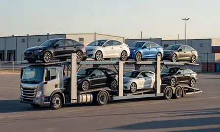Car transporter loaded with vehicles in Minot, North Dakota, United States