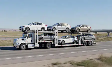 Multi-level car carrier on the highway to New Town, North Dakota, United States