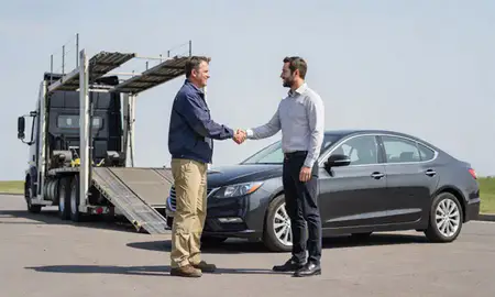 Vehicle owner beside their delivered car in New Town, North Dakota, United States