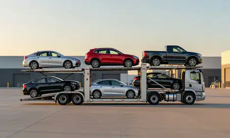 Car transporter parked in an industrial area of New Town, North Dakota, United States
