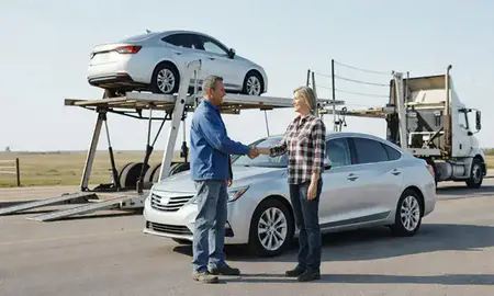 Vehicle owner beside their delivered car in Oakes, North Dakota, United States