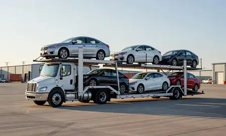 Car transporter loaded with vehicles in Oakes, North Dakota, United States