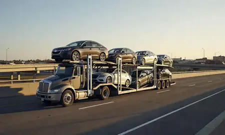 Car transporter with the Oakes, North Dakota, United States skyline behind it