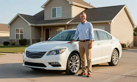 Customer with their delivered car in Rugby, North Dakota, United States