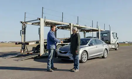 Vehicle owner beside their delivered car in Rugby, North Dakota, United States