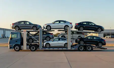 Car transporter parked in an industrial area of Rugby, North Dakota, United States