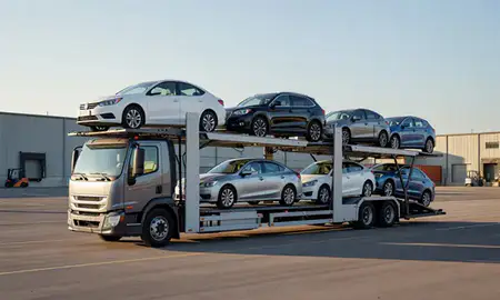 Car transporter loaded with vehicles in Rugby, North Dakota, United States