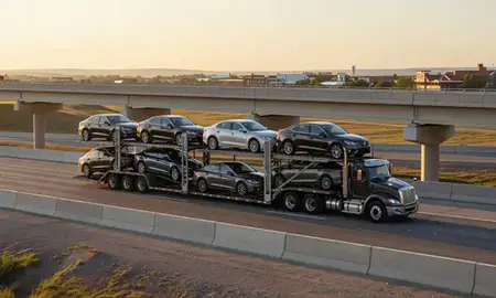 Car transporter with the Rugby, North Dakota, United States skyline behind it
