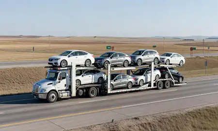Multi-level car carrier on the highway to Stanley, North Dakota, United States