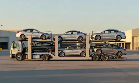 Car transporter parked in an industrial area of Stanley, North Dakota, United States