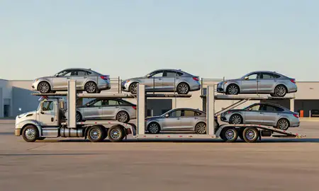 Car transporter parked in an industrial area of Valley City, North Dakota, United States