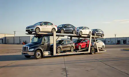 Car transporter loaded with vehicles in Valley City, North Dakota, United States