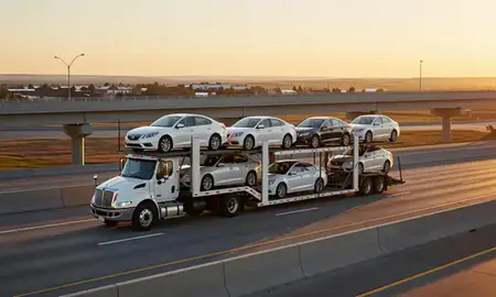 Car transporter with the Valley City, North Dakota, United States skyline behind it