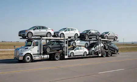Multi-level car carrier on the highway to Wahpeton, North Dakota, United States