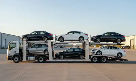 Car transporter parked in an industrial area of Wahpeton, North Dakota, United States