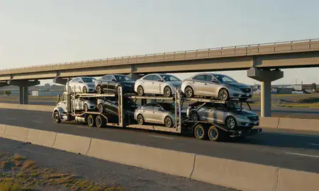 Car transporter with the Wahpeton, North Dakota, United States skyline behind it