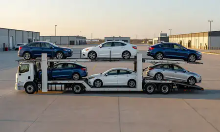 Car transporter parked in an industrial area of Watford City, North Dakota, United States