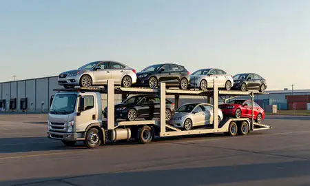 Car transporter loaded with vehicles in Watford City, North Dakota, United States