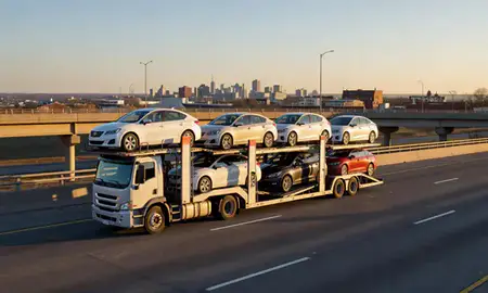 Car transporter with the Watford City, North Dakota, United States skyline behind it