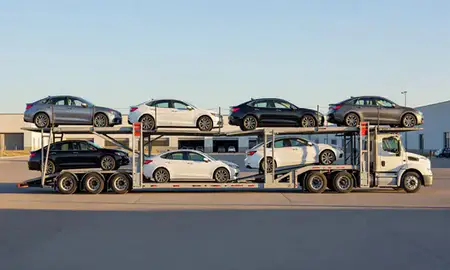Car transporter parked in an industrial area of West Fargo, North Dakota, United States
