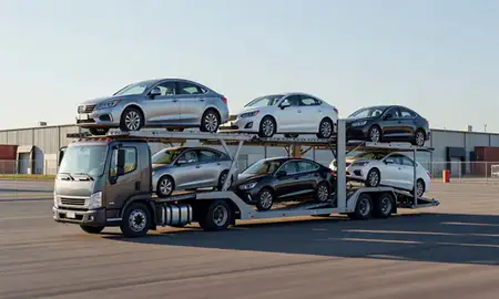 Car transporter loaded with vehicles in West Fargo, North Dakota, United States