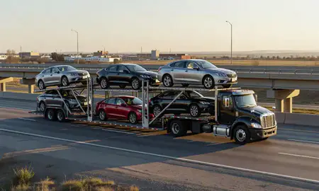 Car transporter with the West Fargo, North Dakota, United States skyline behind it