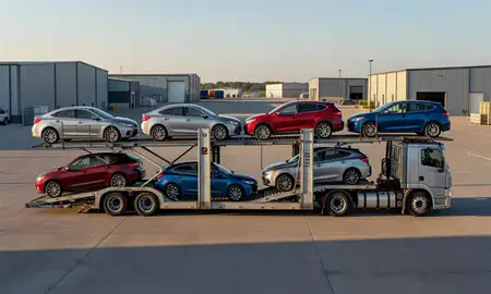 Car transporter parked in an industrial area of Williston, North Dakota, United States