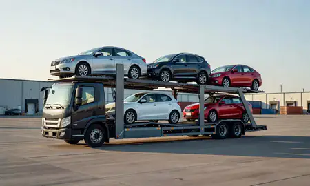 Car transporter loaded with vehicles in Williston, North Dakota, United States