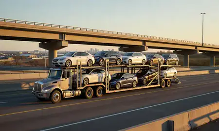 Car transporter with the Williston, North Dakota, United States skyline behind it