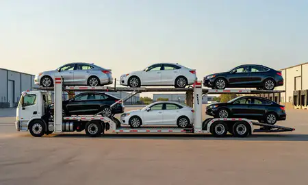 Car transporter parked in an industrial area of Ohio, United States