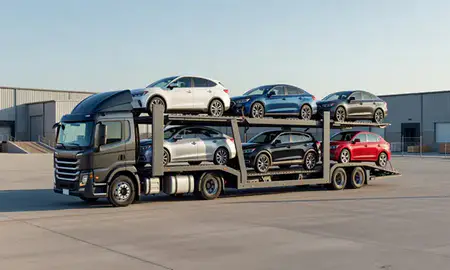 Car transporter loaded with vehicles in Ohio, United States