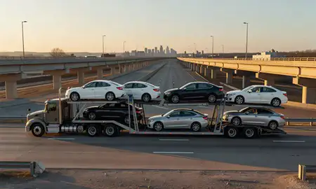 Car transporter with the Ohio, United States skyline behind it