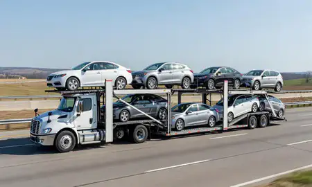 Multi-level car carrier on the highway to Akron, Ohio, United States