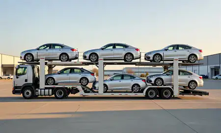 Car transporter parked in an industrial area of Akron, Ohio, United States