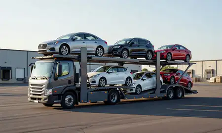 Car transporter loaded with vehicles in Akron, Ohio, United States
