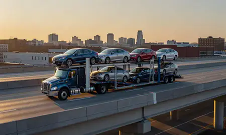 Car transporter with the Akron, Ohio, United States skyline behind it