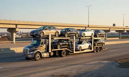 Car transporter with the Beavercreek, Ohio, United States skyline behind it