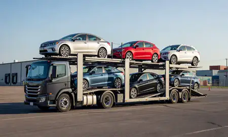 Car transporter loaded with vehicles in Canton, Ohio, United States