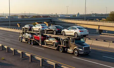 Car transporter with the Canton, Ohio, United States skyline behind it