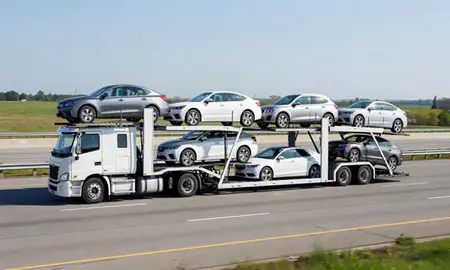 Multi-level car carrier on the highway to Cincinnati, Ohio, United States