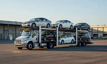 Car transporter loaded with vehicles in Cincinnati, Ohio, United States