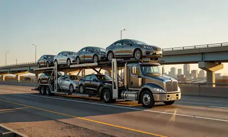 Car transporter with the Cincinnati, Ohio, United States skyline behind it