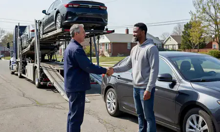 Vehicle owner beside their delivered car in Cleveland Heights, Ohio, United States