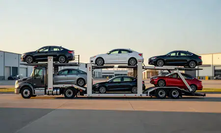 Car transporter parked in an industrial area of Cleveland Heights, Ohio, United States