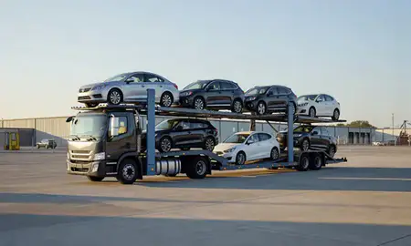 Car transporter loaded with vehicles in Cleveland Heights, Ohio, United States