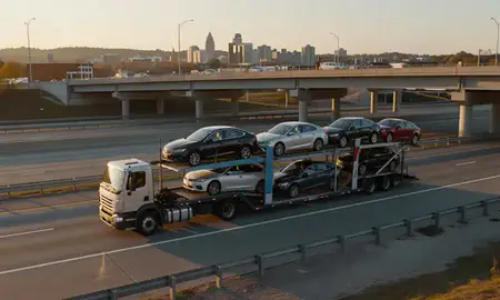 Car transporter with the Cleveland Heights, Ohio, United States skyline behind it