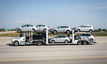 Multi-level car carrier on the highway to Cleveland, Ohio, United States